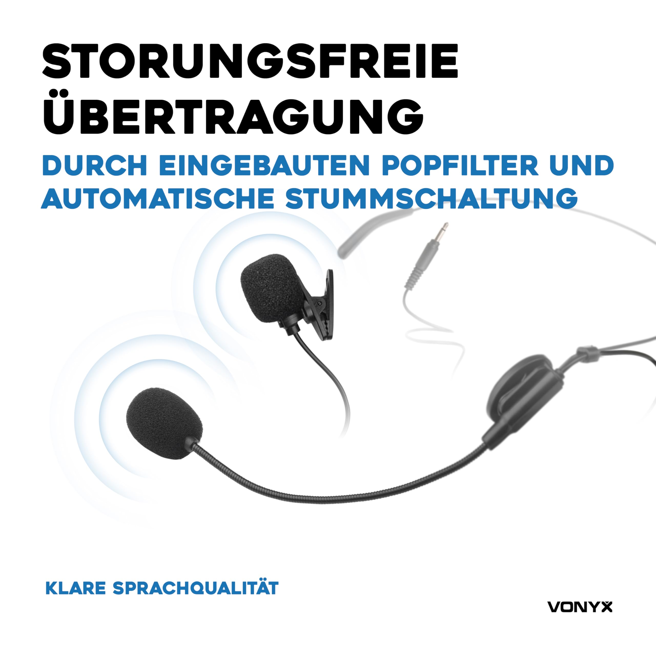 Vonyx WM55B Funkmikrofon Set, Headset und Lavalier Mikrofon Kabellos, UHF 863-865 MHz, 50m Reichweite