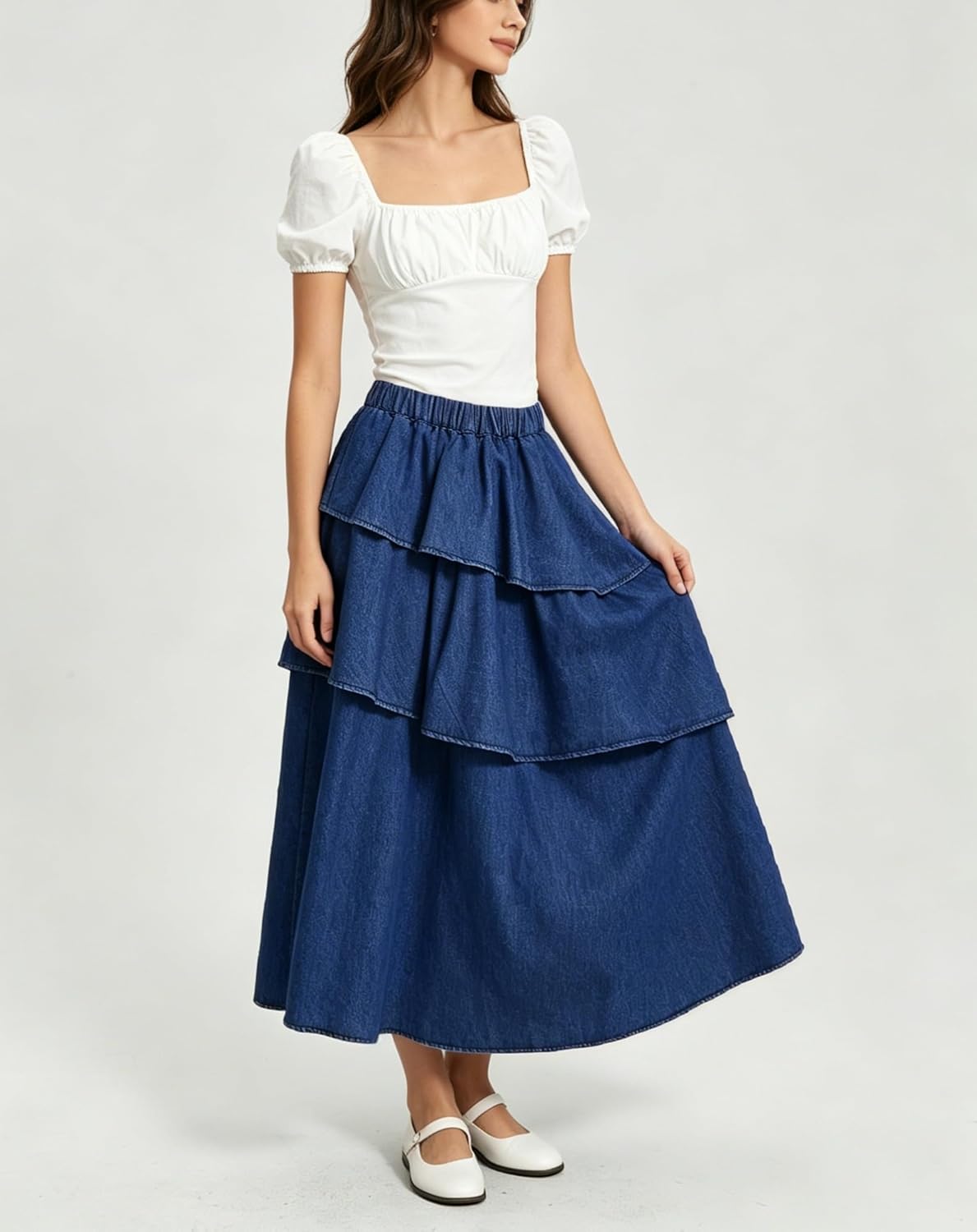 Ladyful Denim Maxi Skirt for Women High Waist Long Midi Jean Skirt Asymmetric Ruffle Layered A-line Western Outfits