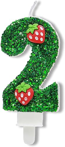 Velas de cumpleaños 2, vela de número verde con fresa, linda vela de número de cumpleaños para suministros de fiesta de tartas, vela número 2