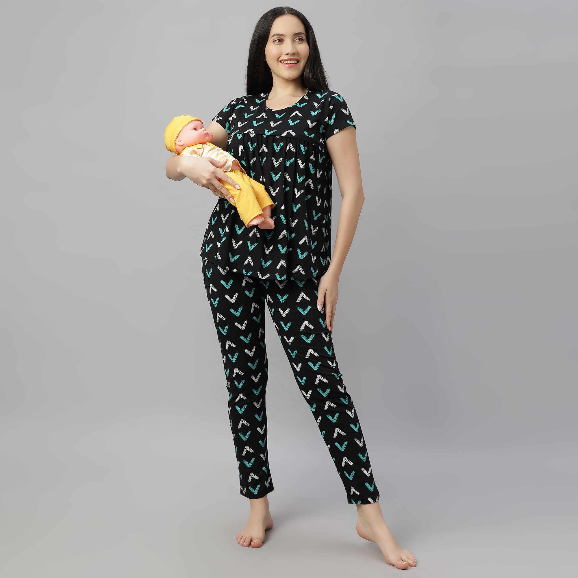 DZZO Women's Cotton Printed Maternity Night Suit | Comfortable Feeding Night Dress | Soft & Breathable Nursing Pajama Set | Color - Black, Size - L - Image 6 thumbnail