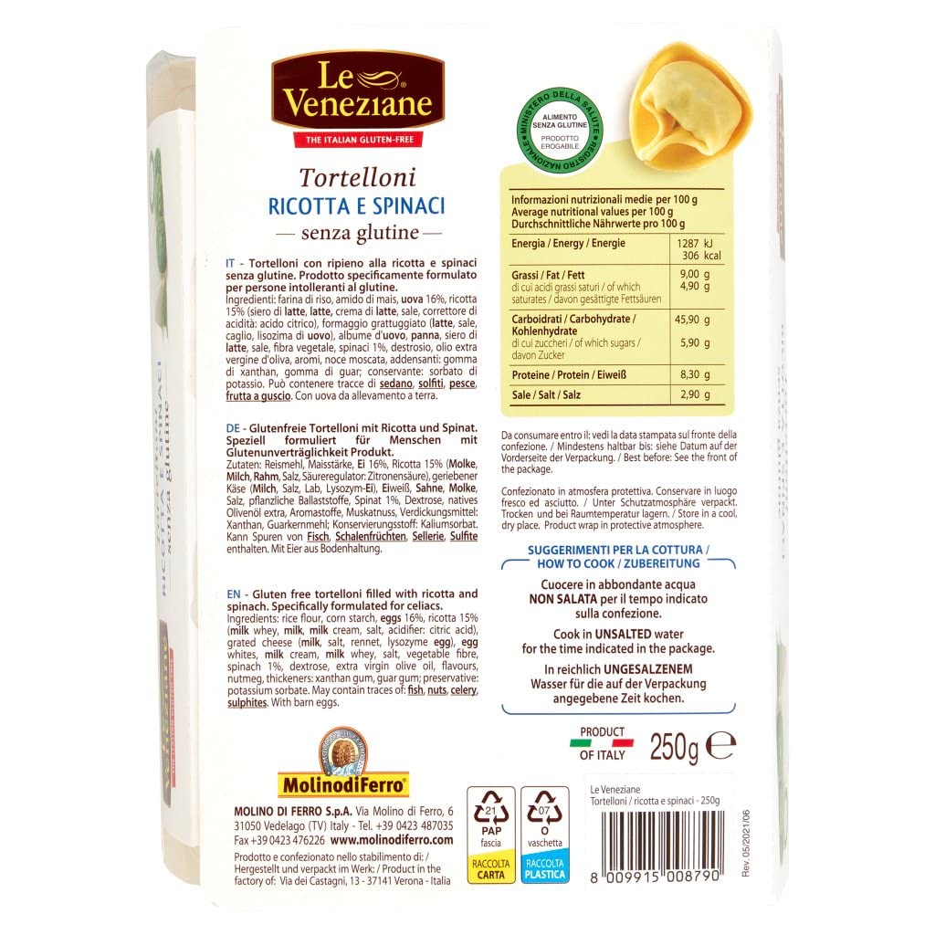 LE VENEZIANE TORTELLINI RICOTTA E SPINACI SENZA GLUTINE, GLUTEN FREE - 6 PEZZI DA 250G (TOT. 1500 GR.)