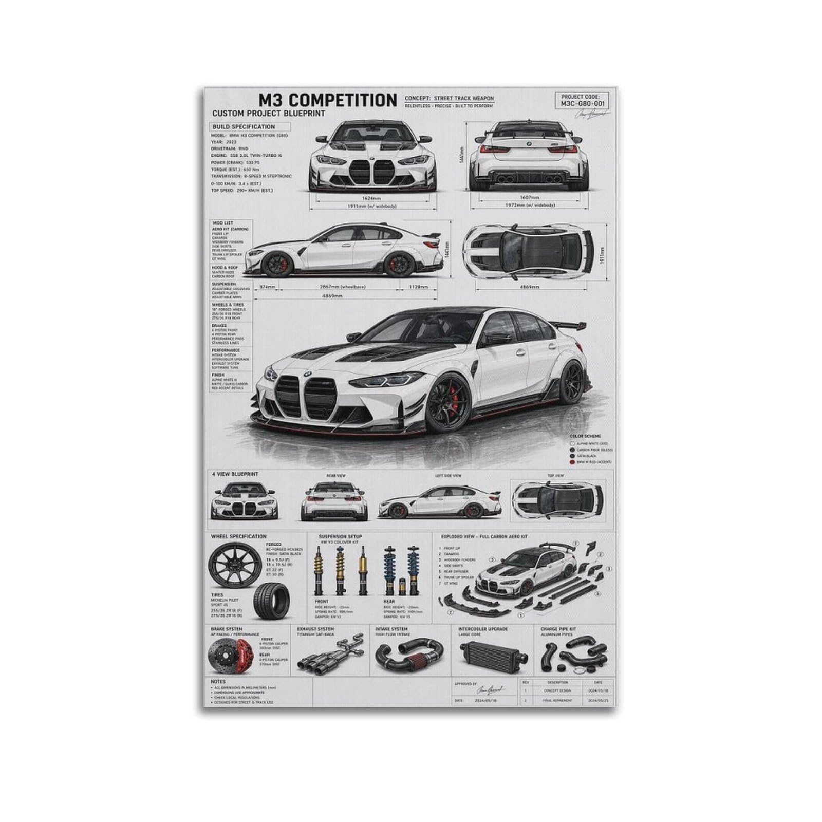 XKUGA German Racing Performance Poster M3 Competition G80 Modern Decorative Canvas Prints - Ideal Wall Art for Family, Man Cave, Game Room, Boys & Girls Bedroom 20x30inch(50x75cm)