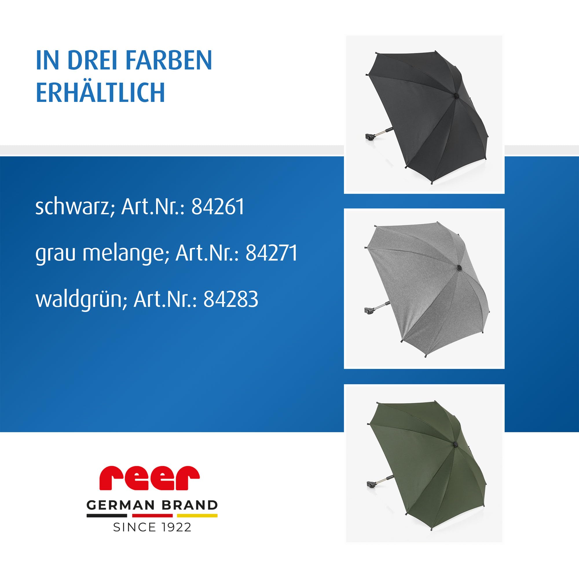 reer ShineSafe Kinderwagen-Sonnenschirm | UV-Schutz (UPF 80+) | universal passend für Kombi- & Sportwagen | Sonnenschutz mit Drehgelenk | aus 100% rPET-Polyester | Einfache Anbringung | Grau-Melange