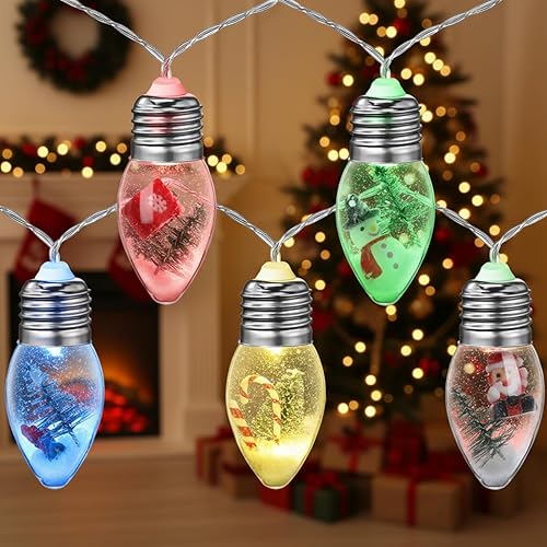 Guirnalda de luces de Navidad de 6.6 pies, 10 luces LED vintage para árbol de Navidad, globos de nieve, con bonitos adornos para Navidad,