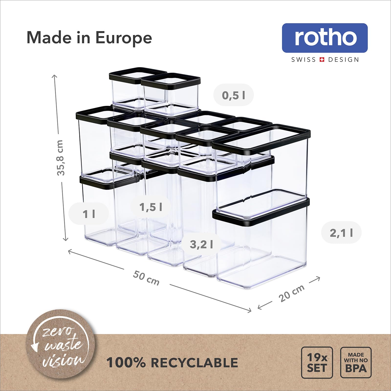 Rotho Loft 19er-Set Vorratsdosen mit Deckel | Behälter für Lebensmittelaufbewahrung | aromadicht & lebensmittelecht | stapelbar & platzsparend | spülmaschinenfest & hygienisch | transparent/schwarz | Transparente Lebensmittelbehälter zur Küchenorganisatio