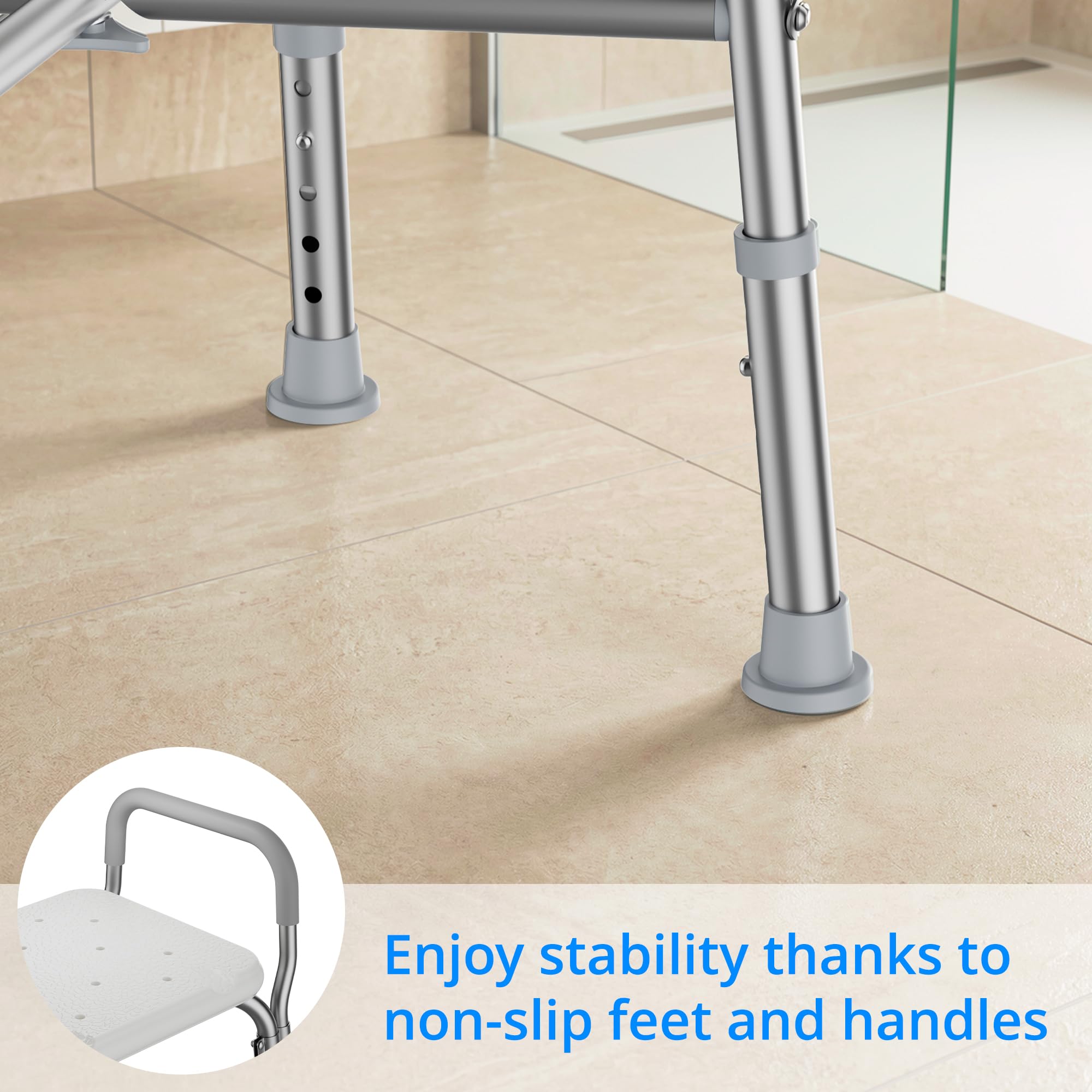 Silla de ducha y brazos acolchados, taburete de baño de altura ajustable con pies antideslizantes, silla de bañera para ancianos, asiento de baño con respaldo, tapa de peso de 350 libras
