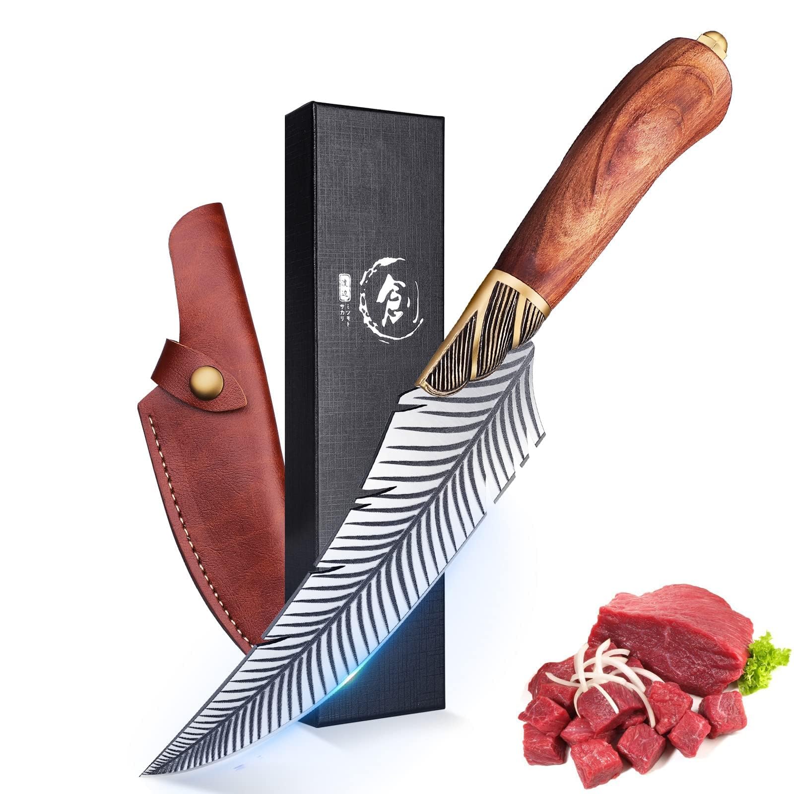 Dream Reach Feather Viking Boning Knife, 6 Inch Professional Viking Knife Meat Cleaver Full Tang Forged with Sheath Gift Box for Outdoor Camping Father's Day Gifts