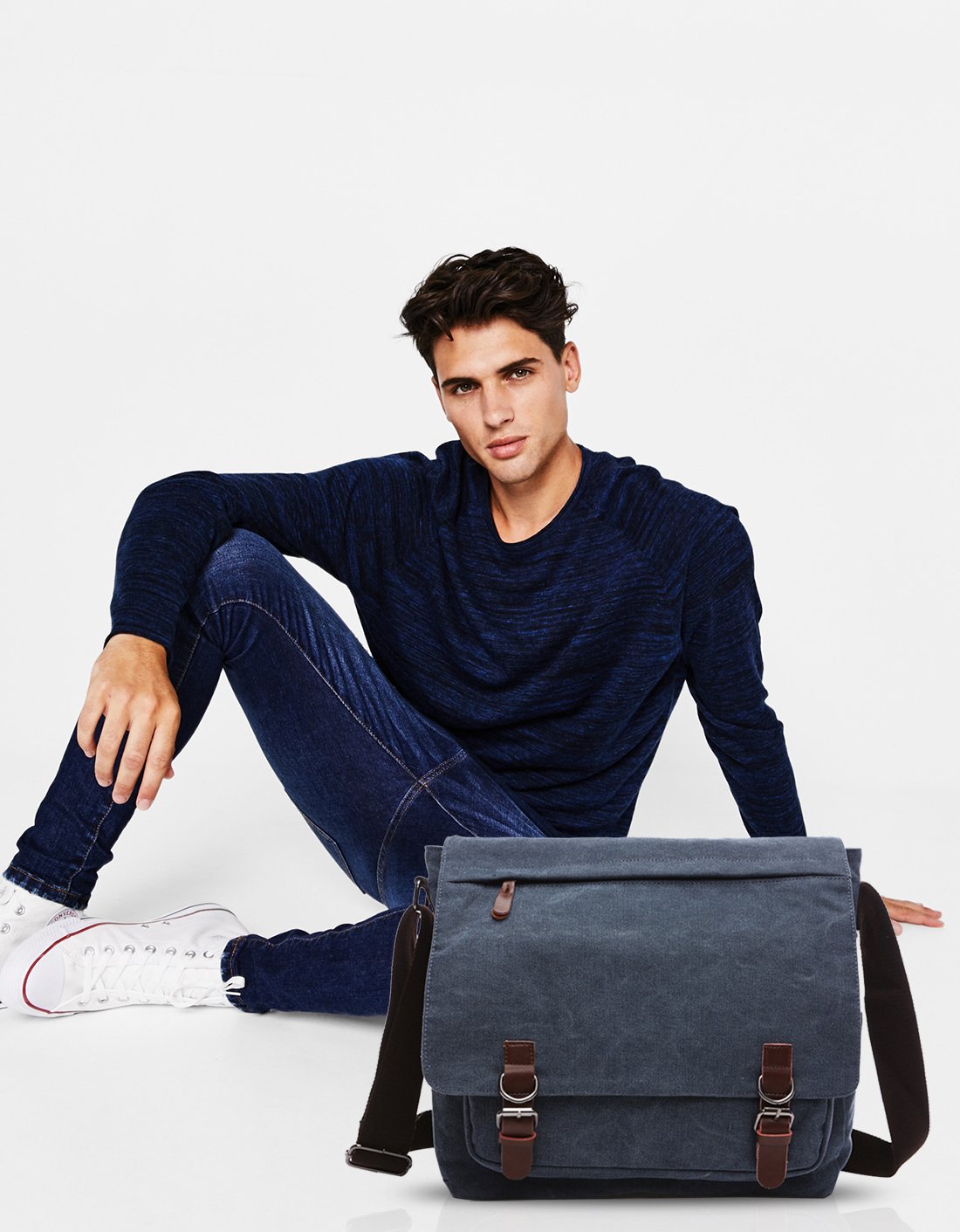 FANDARE Retro Umhängetasche Segeltuch Schultertasche Herren Damen Lehrertasche Briefträgertasche für 14 Zoll Notebook Laptoptasche Große Aktentasche Freizeit Reise Business Messenger Bag Blau L