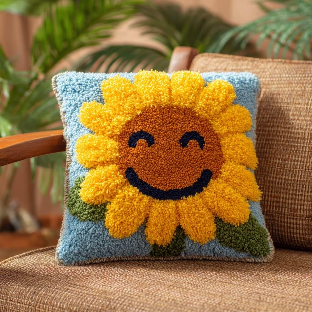 AxiangziK Latch Hook Cushion Kits for Adults Beginners,Smiling Sunflower 17x17in Pre-Printed Canvas DIY Pillow Materials Package,Home Sofa Festive Decor & Gift