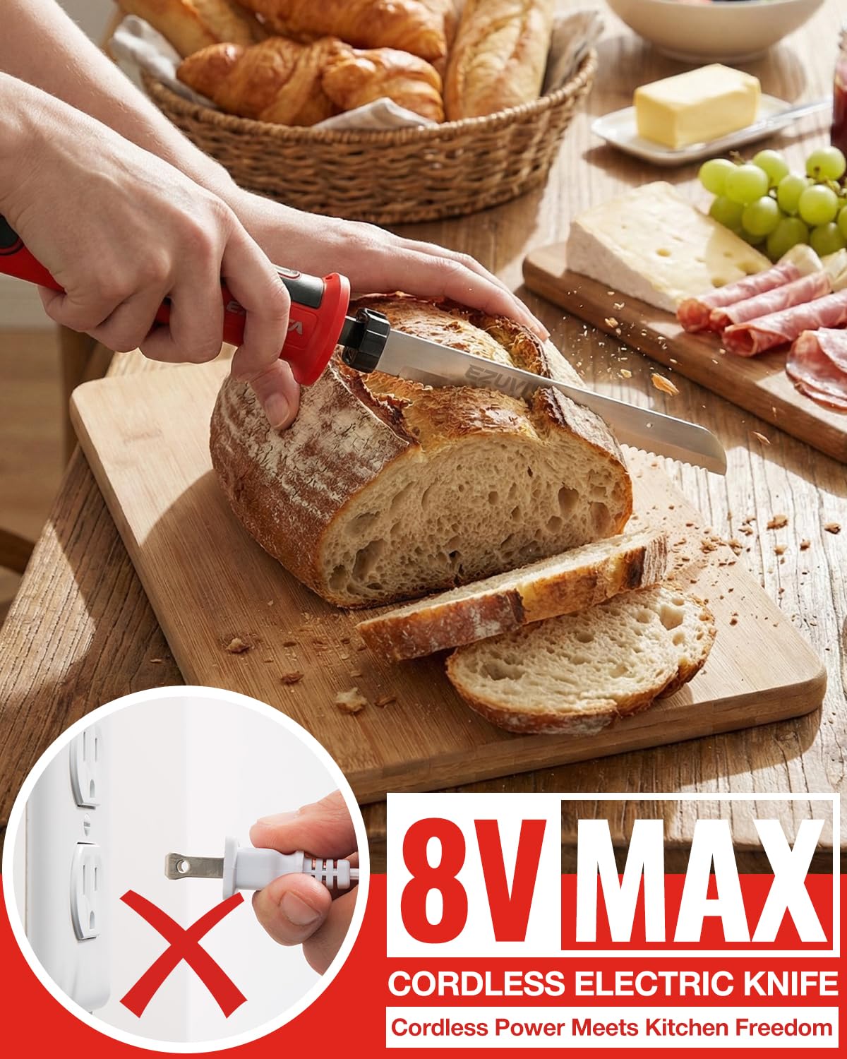 Couteau Électrique sans Fil 8V, Couteau Cuisine Électrique avec 2 Lames, Fourchette, Batterie Remplaçable 2000mAh, Lavable au Lave-vaisselle, Couteau à Pain Électrique pour Viande, Pain—Rouge