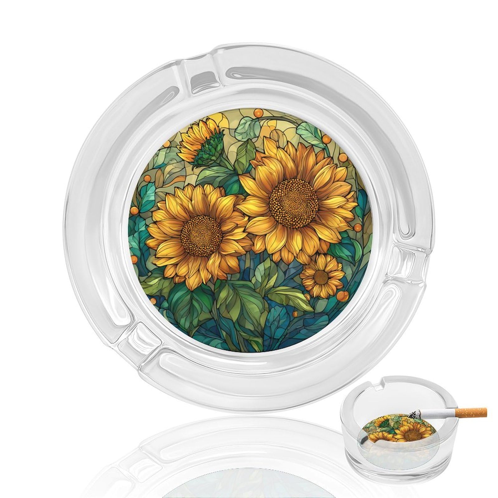Stained Glass-style Sunflowers Glass Ashtray for Cigarettes Portable Decorative Ash Trays for Home Office Decor