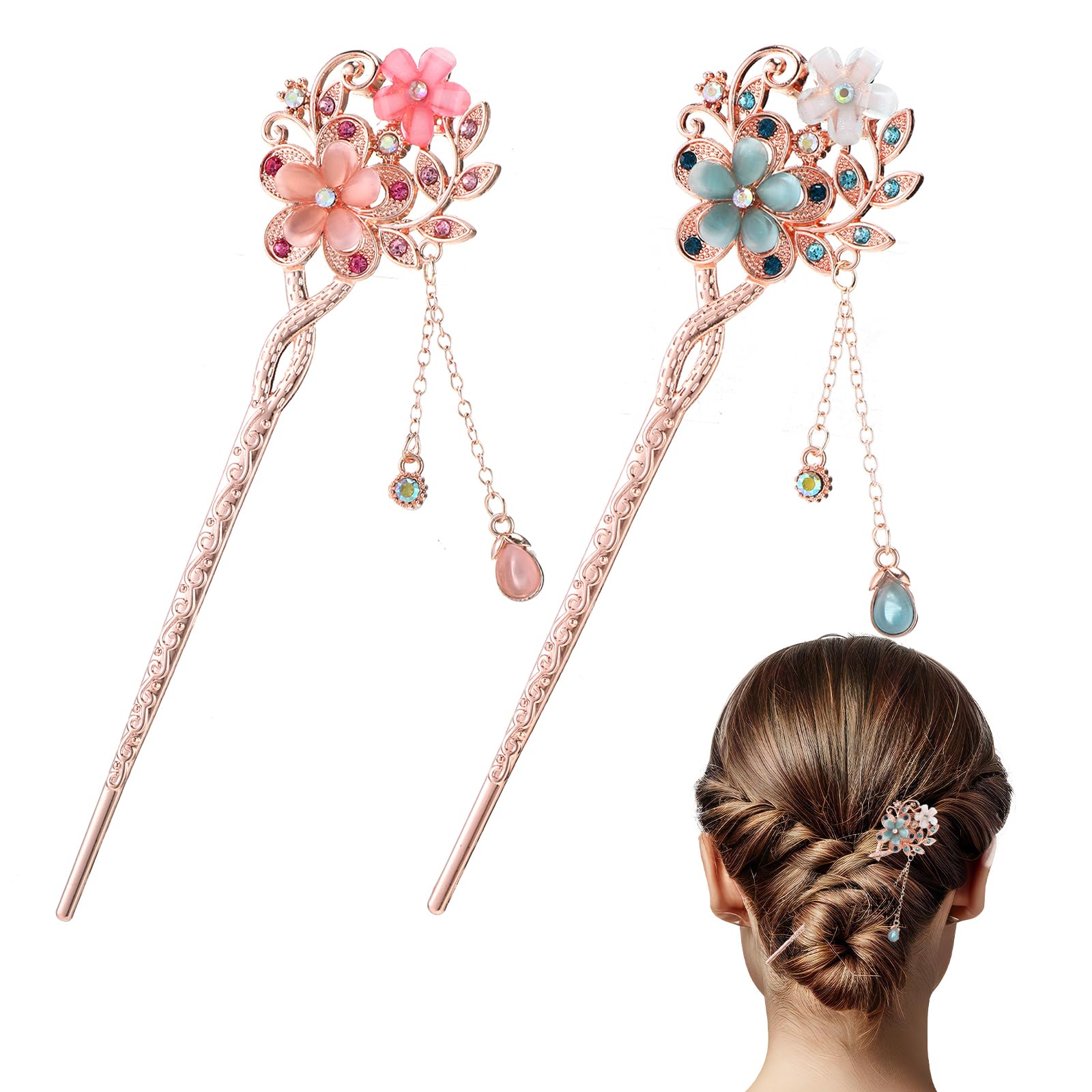 2 Pcs Chinese Hair Sticks, Rhinestone Flower Stick