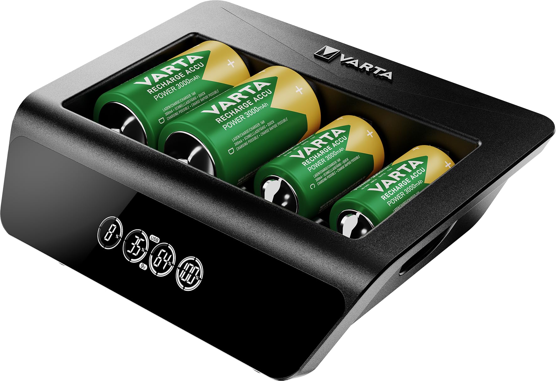 VARTA Cargador de Pilas, Cargador para Pilas AA/AAA/C/D/9V Recargables y Dispositivos USB, LCD Universal Charger+, Carga por Ranura única, no Equipado | para pilas recargables NiMH, con fuente de alimentación/adaptador de coche 12 V