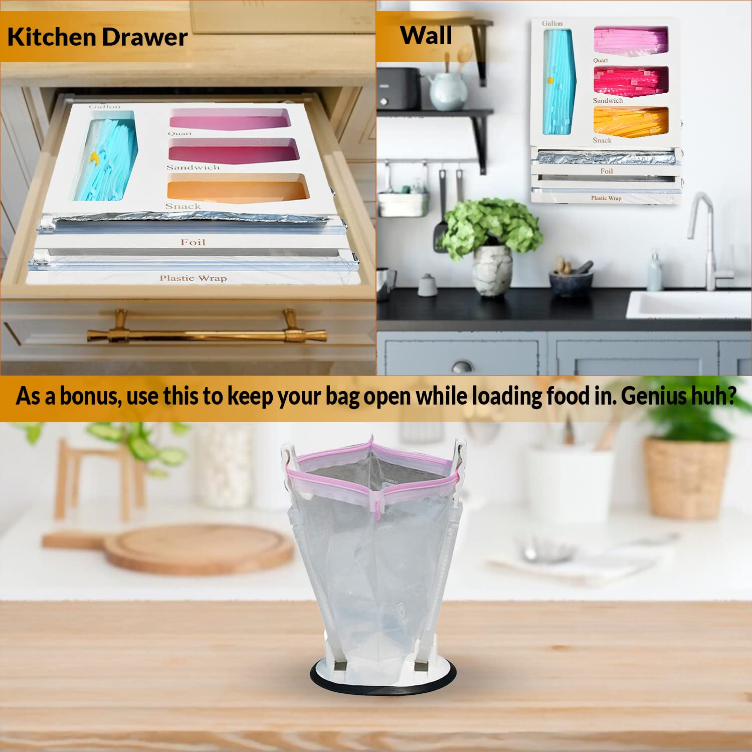 Ziplock bag organizer foil and wrap dispenser 6 in 1, plastic bag organizer , Kalobin™ baggie organizer, drawer organizer with baggie holder, 17.95 x 13.74 x 3.74 inches