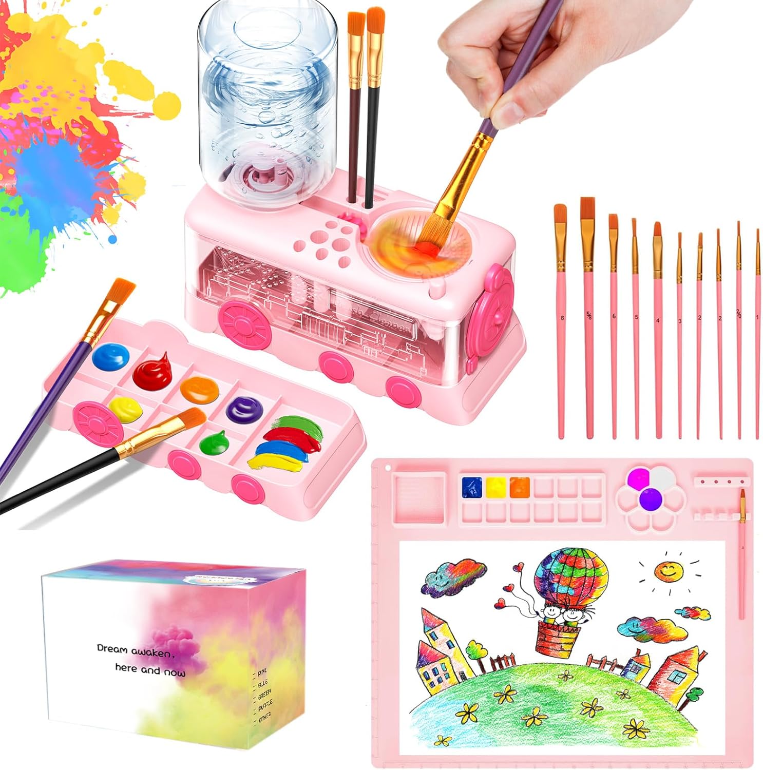 Paint Brush Cleaning Kit for Kids with 5 Brushes, Art Smock, Washable Mat, Guidebook, Spiral Brush Cleaner Jar for Watercolor(Blue)