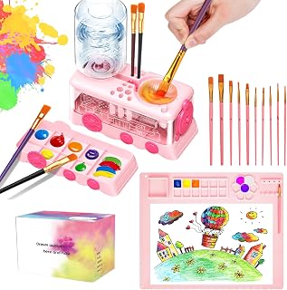 Velachuan Paint Brush Cleaning Kit for Kids with 5 Brushes, Art Smock, Washable Mat, Guidebook, Spiral Brush Cleaner Jar for Watercolor (Pink)