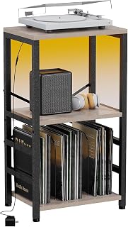 YAKANJ End Table with LED Light, Record Player Stand with Albums Storage | 3-tier Vinyl Records Storage,Turntable Stand Side Table for Music Room Studio Living Room Bedroom, Greige