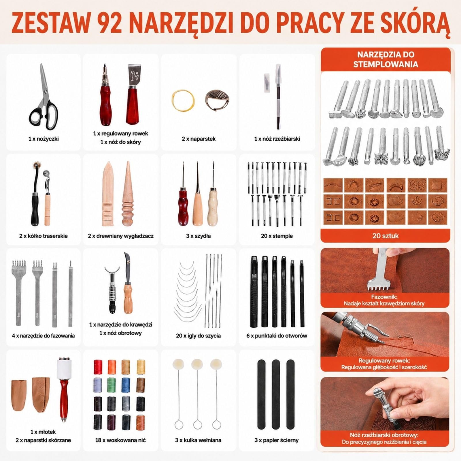 Zestaw narzędzi do obróbki skóry 92 szt, tłoczenie, dziurkowanie, prace krawieckie