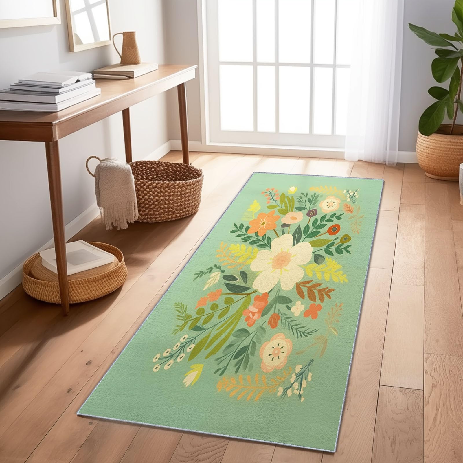 Alfombra para Sala de Estar 80 x 150 cm – Retro Natural a Base de Plantas Alfombra para Dormitorio Lavable a Máquina, Suave y Antideslizante Esponjosa para Habitación Infantil Verde