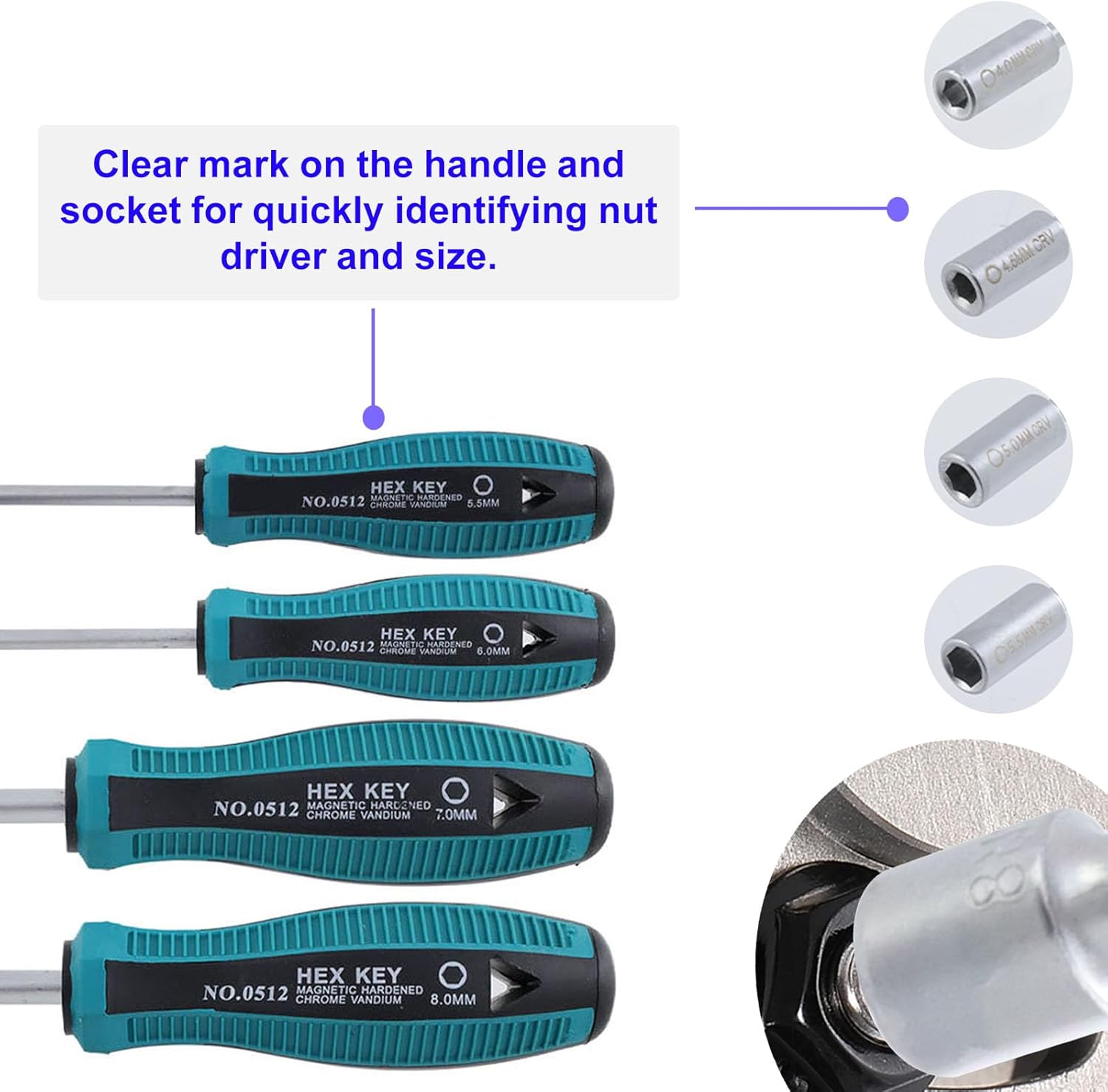 Hex Nut Driver Set, Socket Wrench Screwdriver Cr-V Steel Hexagon Nut Driver, 10 Sizes 3mm, 3.5mm, 4mm, 4.5mm, 5mm, 5.5mm, 6mm, 7mm, 8mm, and 9mm for Repairs