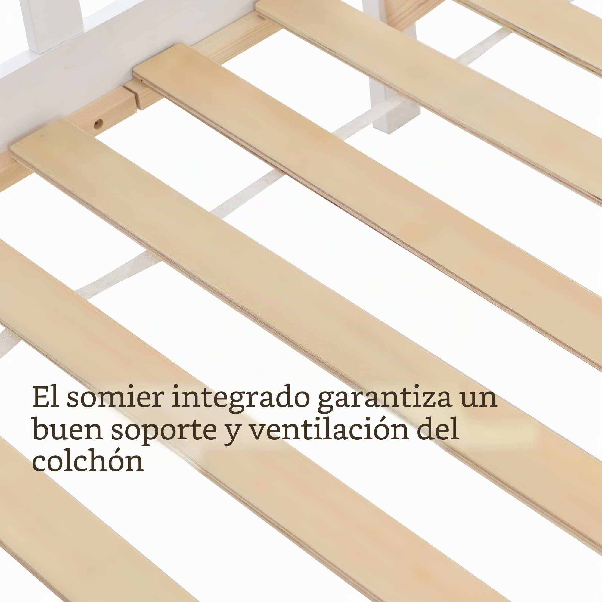 Cama infantil de 160 x 80 cm con protección anticaídas, versátil de madera maciza para niños, con ventana y somier, color blanco