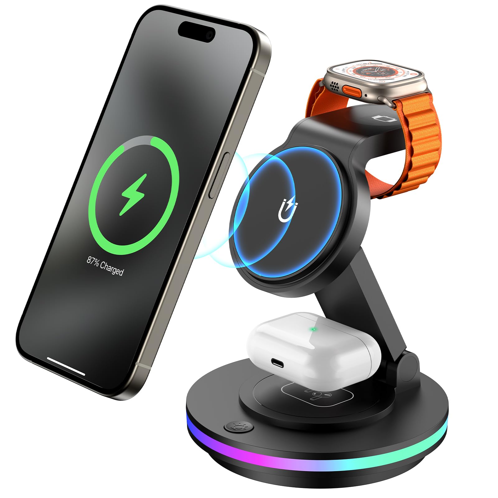 Facbiny 3 in 1 Wireless Charging Station for Multiple Devices, Rotatable & Foldable Magsafe Charger Stand with Night Light & 20W Adapter for iPhone 15/14/13/12 Series, Apple Watch 2 to 9, AirPods