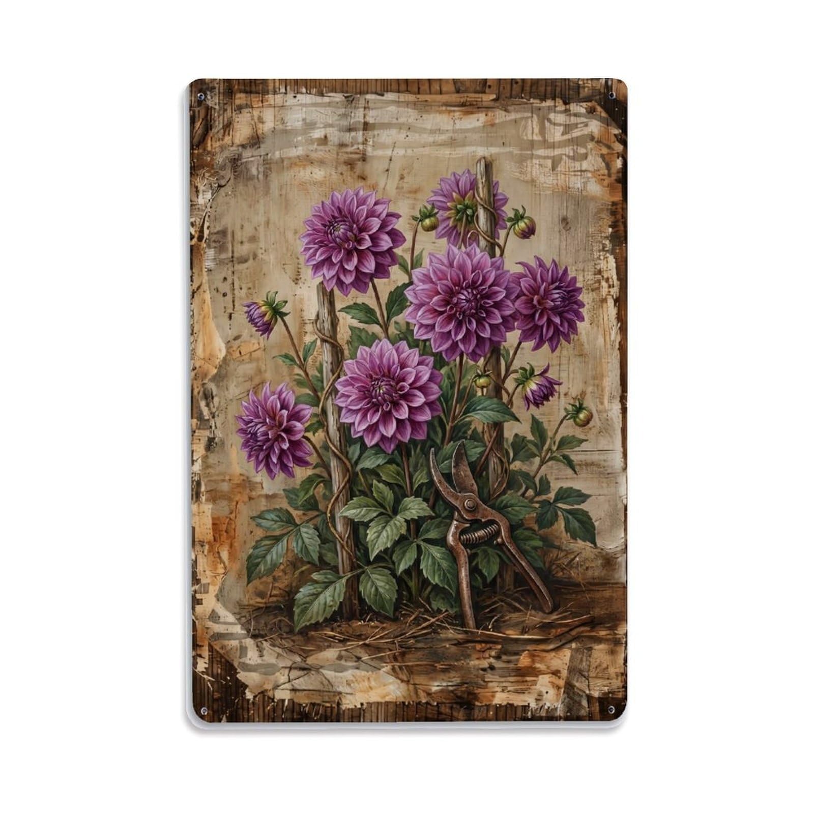 Dahlia Garden Purple Flowers Countryside Bloom Vintage Metal Tin Sign Plaque Wall Decor for Cafe, Club, Garden Metal Poster 8x12Inch
