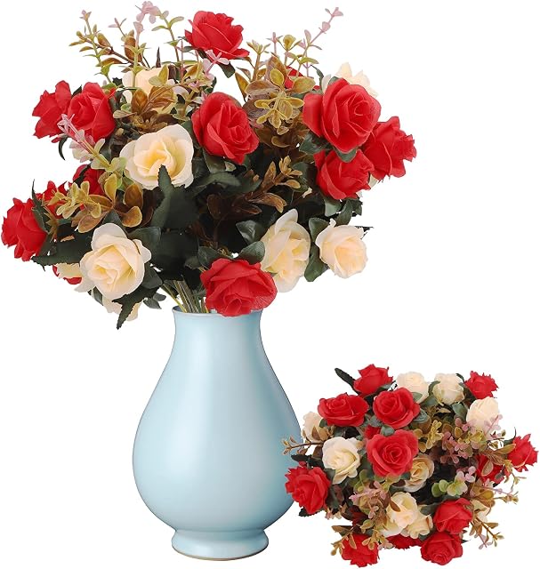 3 Bundles Artificial Flowers Rose Artificial Flowers Outdoor UV Resistant Plants Faux Plastic Greenery Shrubs Indoor Outside Hanging Planter for Home Wedding Office Table Decoration Gift Red