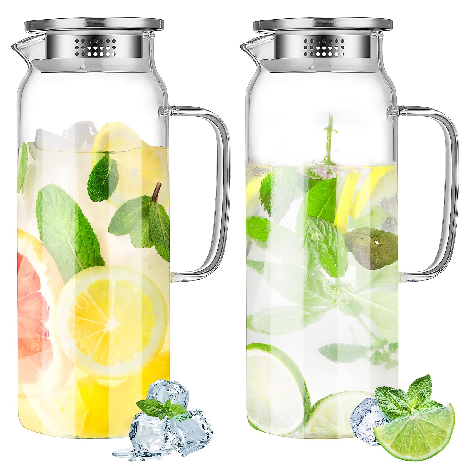 Juego de 2 jarras de agua de cristal con tapa, jarra de zumo de 2 litros – Vidrio de borosilicato con asa para bebidas calientes y frías como agua, zumo, leche, té, café – Jarra transparente para