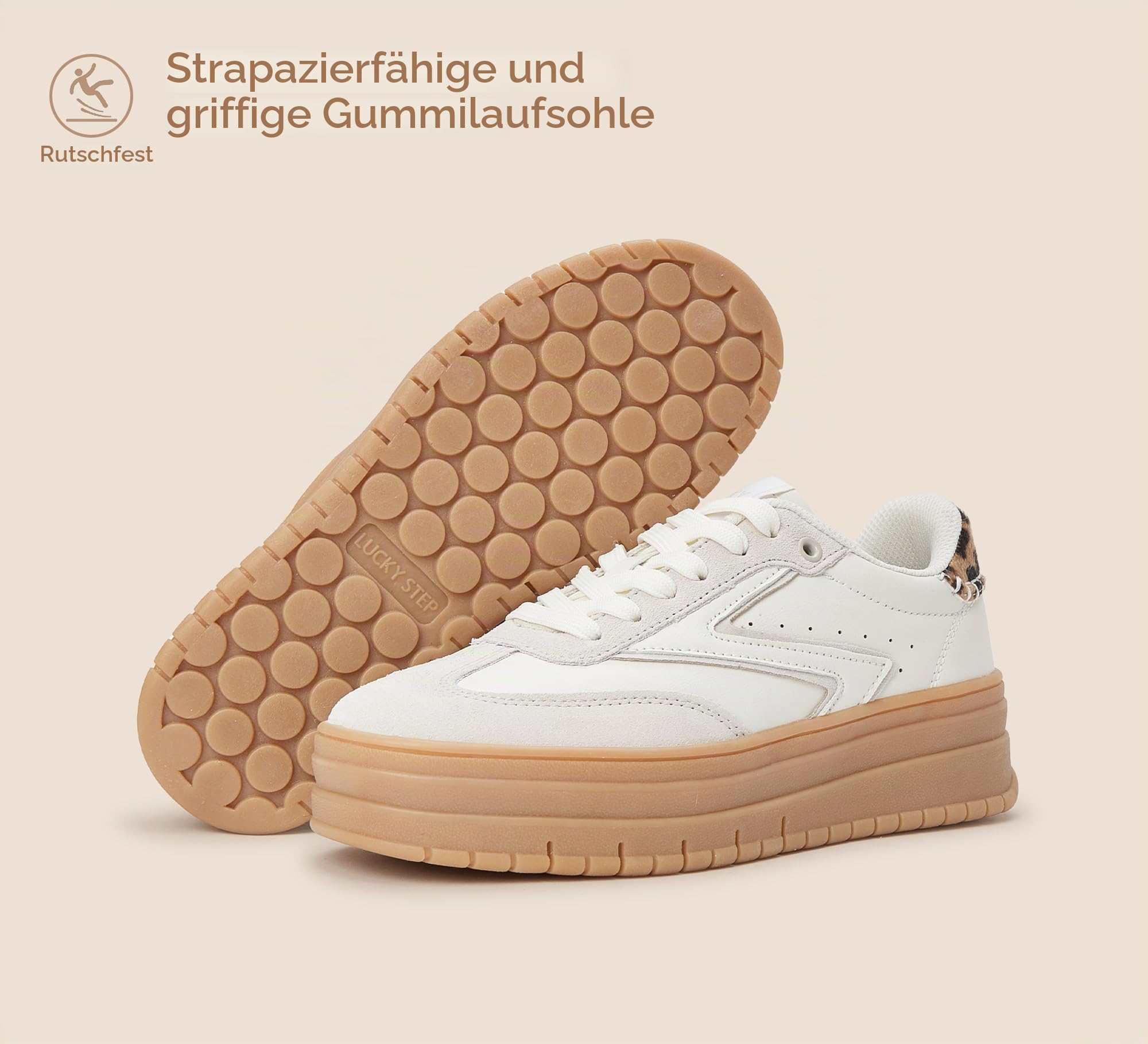 LUCKY STEP Damen Plateauschuhe mit Gummisohle & Wildleder - Retro Design, Dicke Laufsohle für Tennis & Alltag