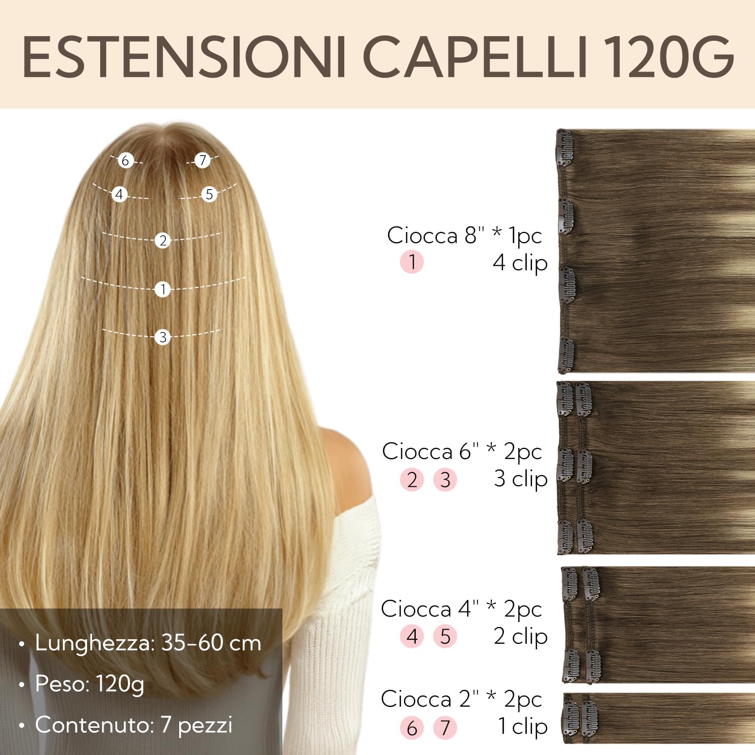 HOTBANANA Extension Capelli Veri Clip, Da Castano Cenere a Biondo Platino Extension Clip Capelli Veri 35cm 7pcs Remy Umani Naturali Capelli Extensions 120g
