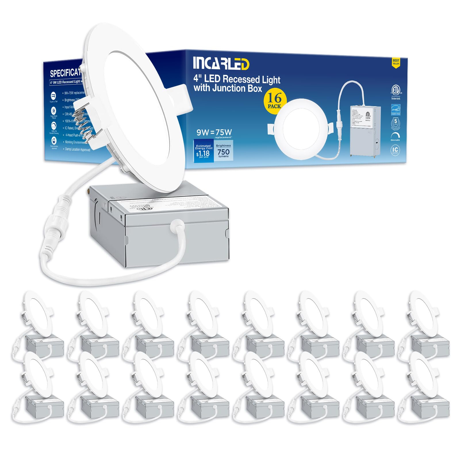 INCARLED 4Inch LED Recessed Slim Pot Light with Junction Box, 9W 750LM, 5000K, Dimmable IC-Rated Ceiling Lighting (16pack, Cool white/5000K)