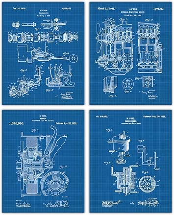 Buzz Unplugged Vintage Ford Auto Blueprint Patent Print, Set of 4, 8x10 Unframed Aesthetic Wall Posters and Unique Art Prints Picture for Bathroom, Home, Man Cave, Dorm, Office & Bar Wall Decor Poster