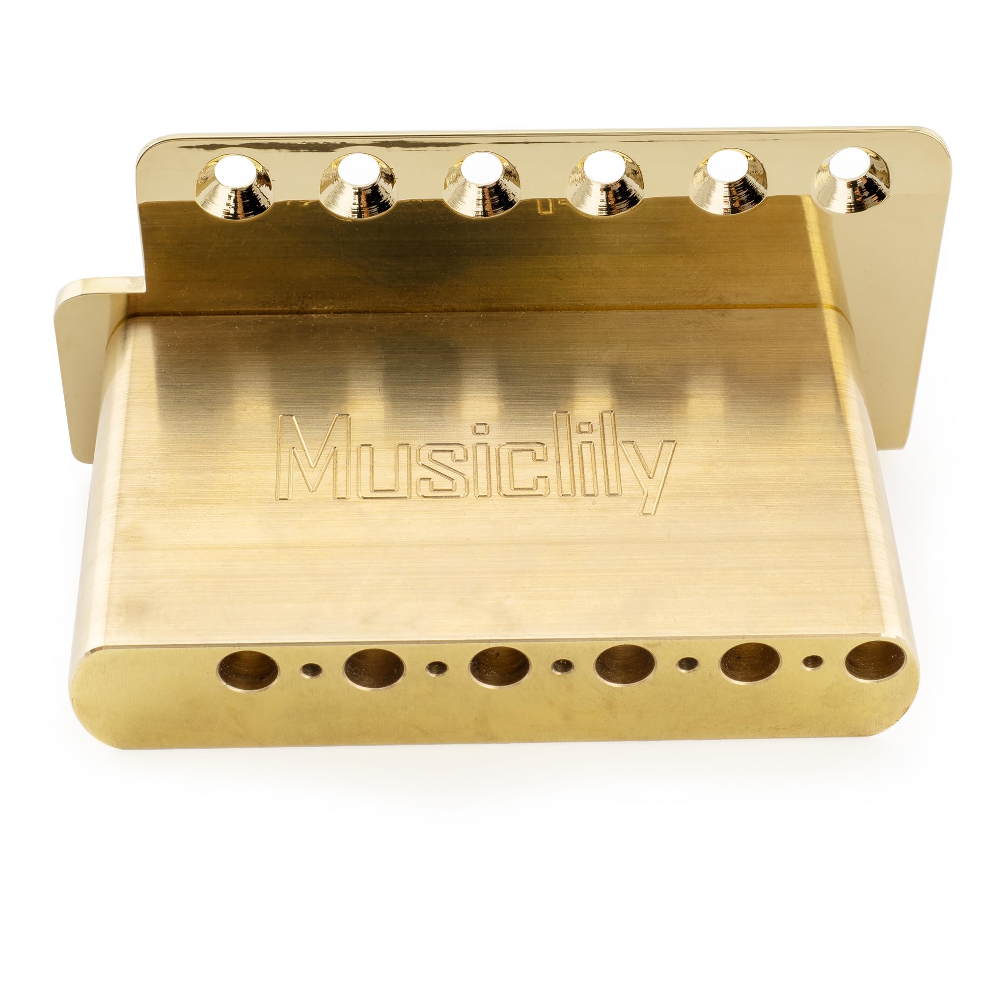 Musiclily Ultra 52.5mm(2-1/16 inch) American Vintage Style 6-Screw ST Tremolo Bridge with Modern Brass Saddles 42mm Solid Brass Block Push-In Arm for Strat Style Electric Guitar Gold - Image 4