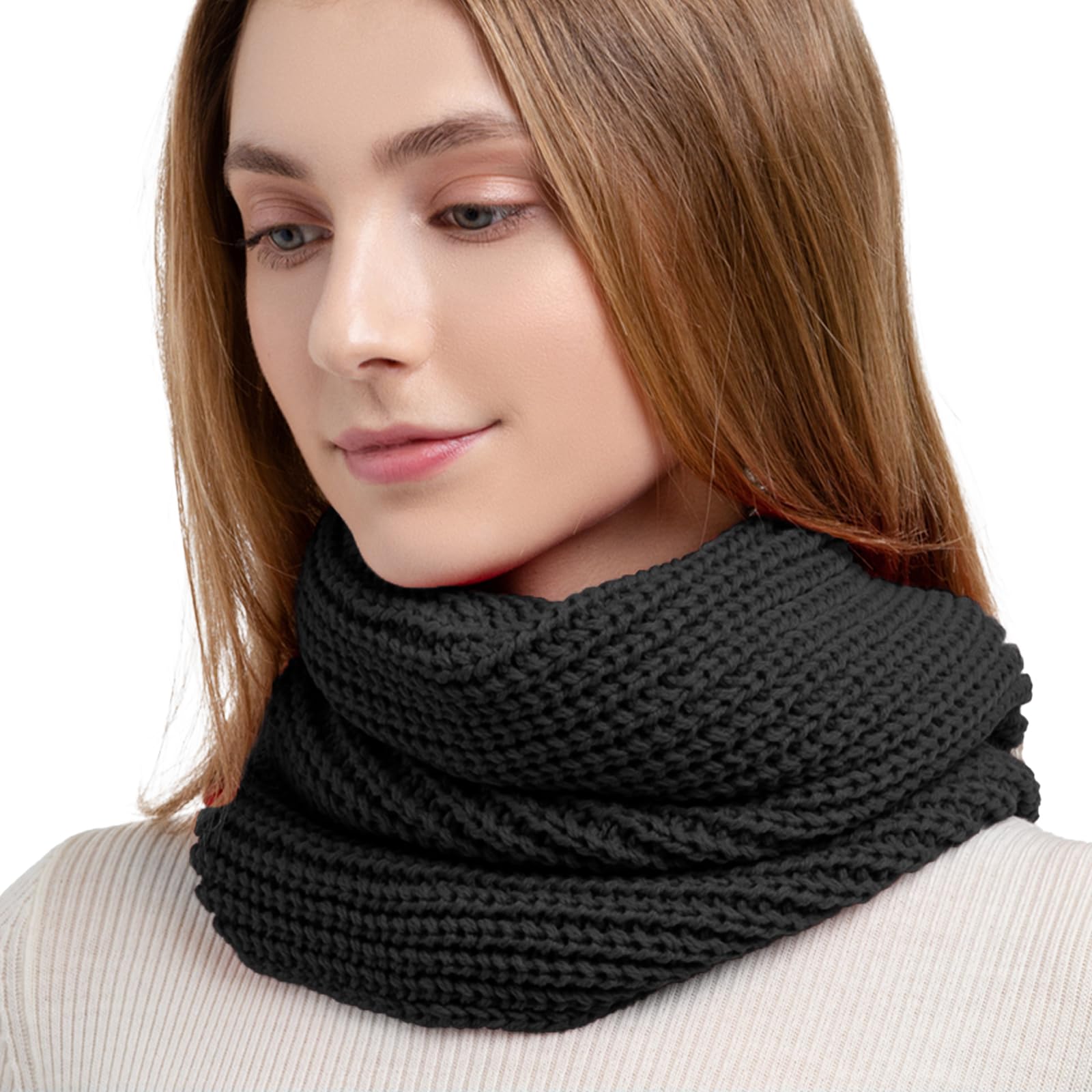 Sgqtzdzq Women's Black Infinity Scarf Thermal Knitted Scarf, Neck Warmer Loop Scarf For Winter Burgundy Scarf Scarf Gifts For (Black)
