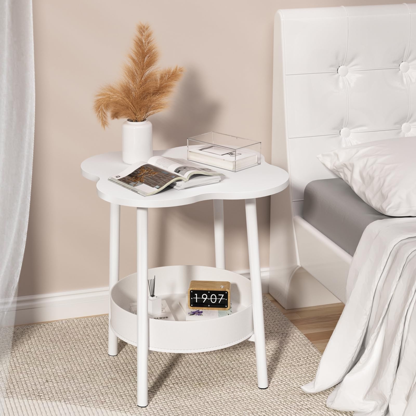 Mesita De Noche Blanca Con Estante - Moderna, Compacta Y Perfecta Para Dormitorios Pequeños