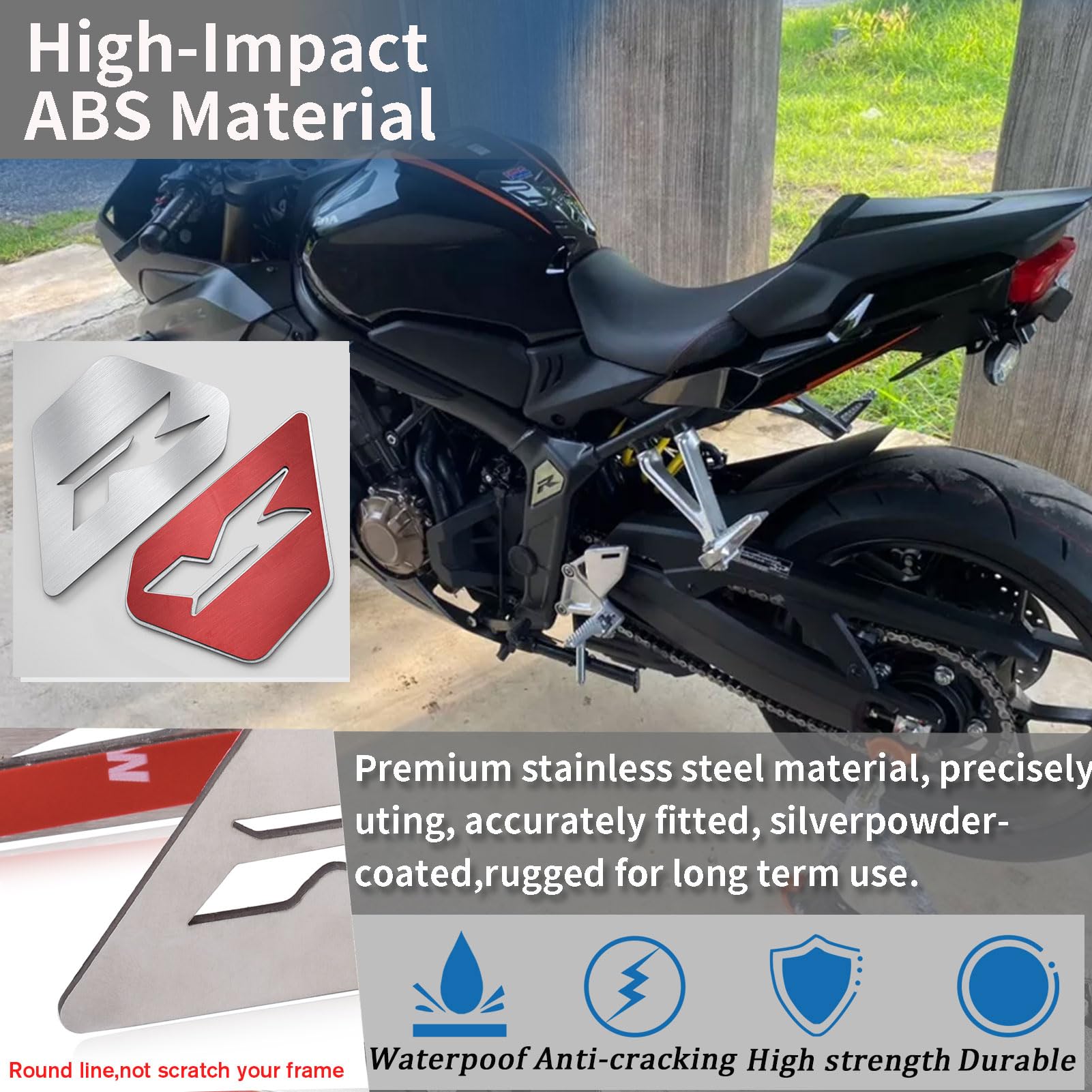 Couvercle latéral de cadre en acier inoxydable, couvercles CBR 650 R Type R remplissage de cadre pour HO&N&DA CB650R/CBR650R 19-25 Autocollant badge d'emblème décalque latéral cadre (Argent)