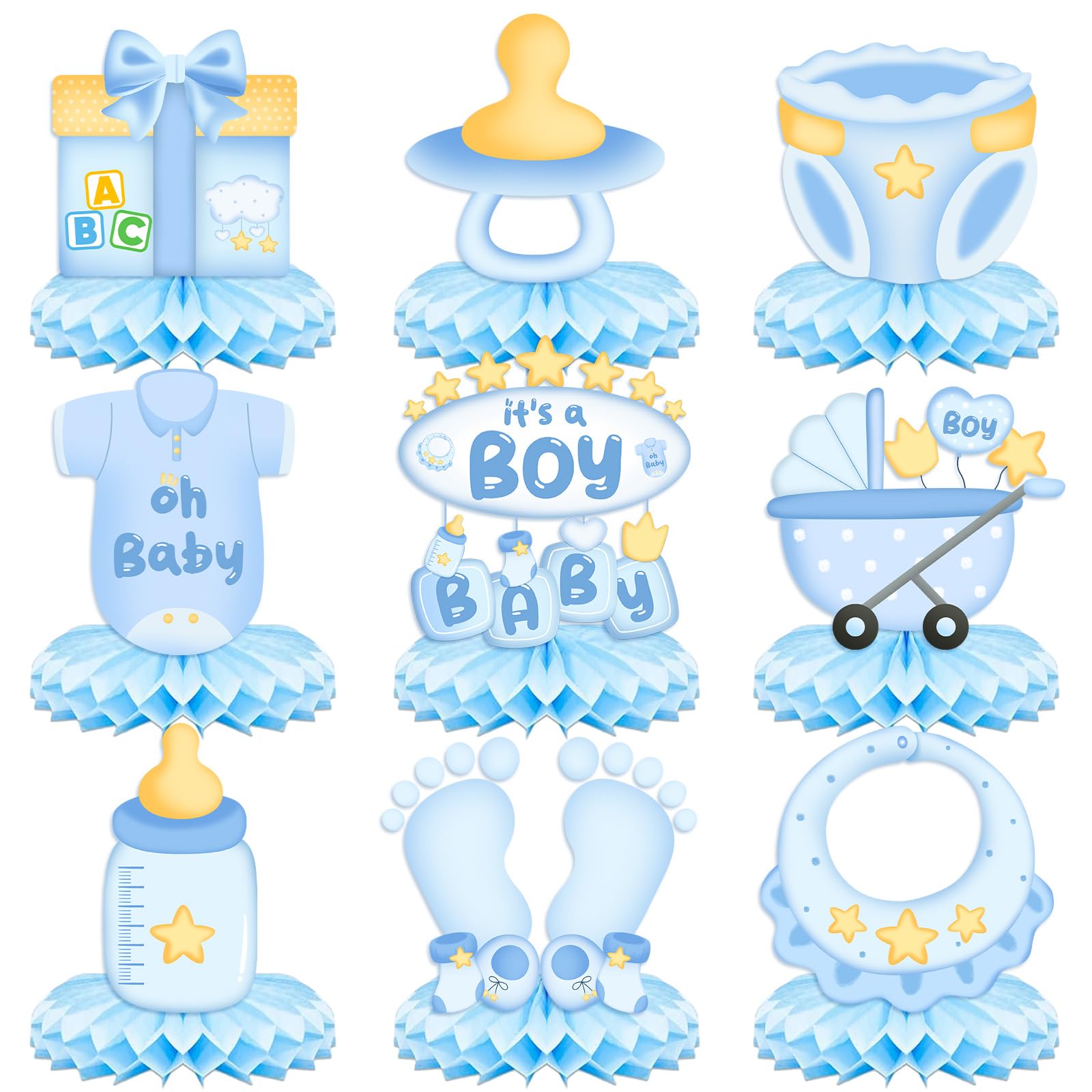Bafutayawa Baby Shower Deko Boy Honeycomb Centrepieces, Table Decor Baby Party Boy Gender Reveal Party Accessories, Deco Birthday Blue 9 Piece Set, Oh Baby Welcome Newborn Photo Props