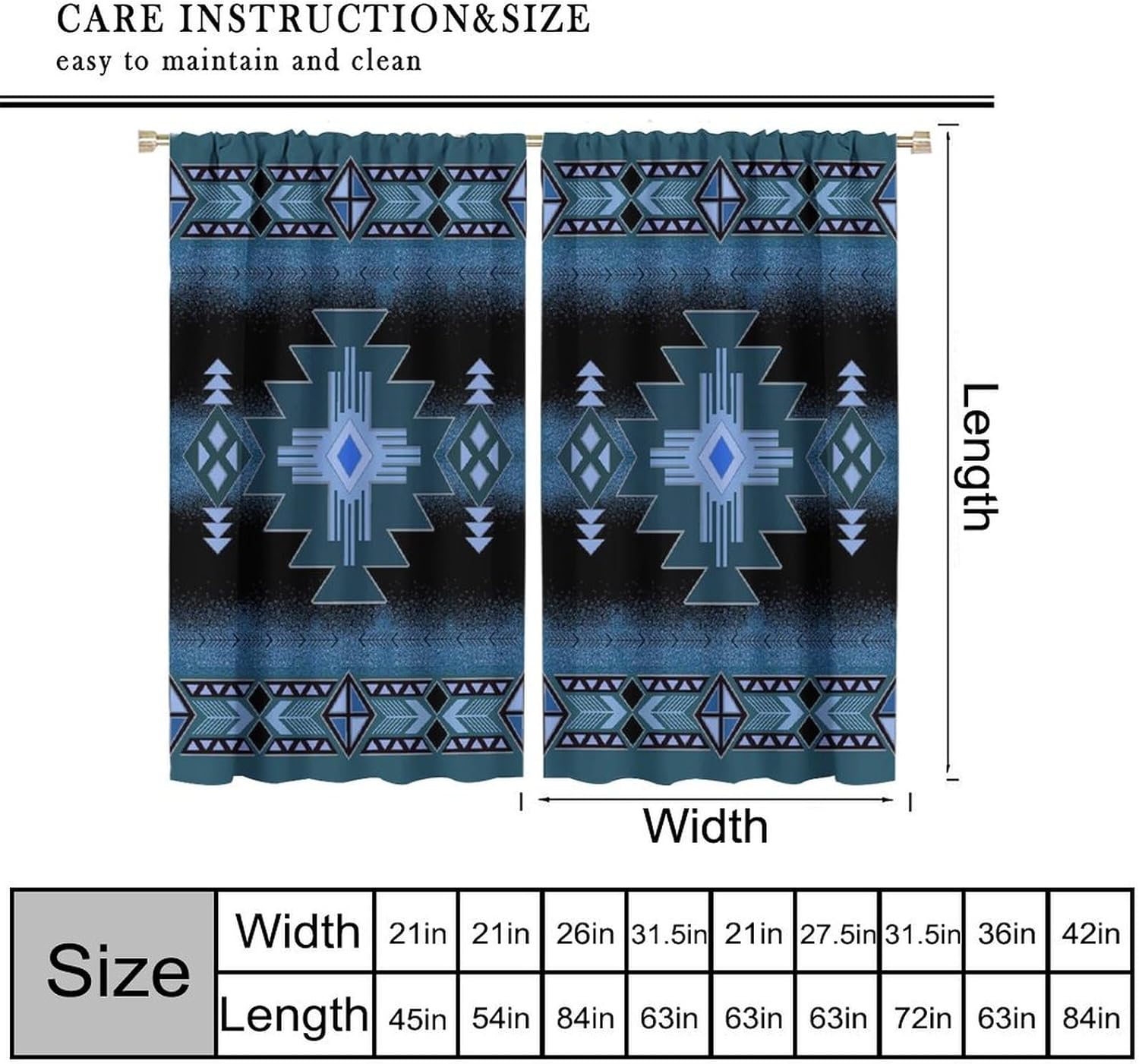 African Aztec Curtains Retro Abstract Southwest Tribal Navajo Pattern Window Treatment for Living Room Bedroom Kitchen Decor Window Drapes Blue Black 42" W X 45" L - Image 2