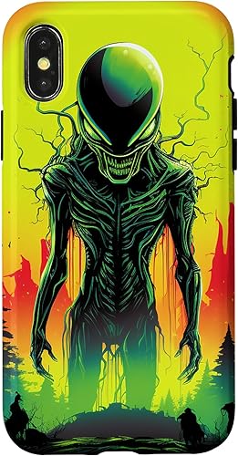 Vista 7 de iPhone 14 Pro Max Cute Green Alien Head UFO Space Face Alien Case
