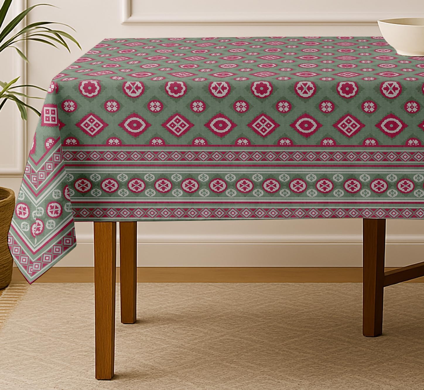 Geometric Design Tablecloth- Green 60x60 Inch Cotton Twill Dining Table Cover, Perfect for 4 Seater Tables, Durable, Protective & Washable, Ideal for Everyday Use, Occasions & Gathering