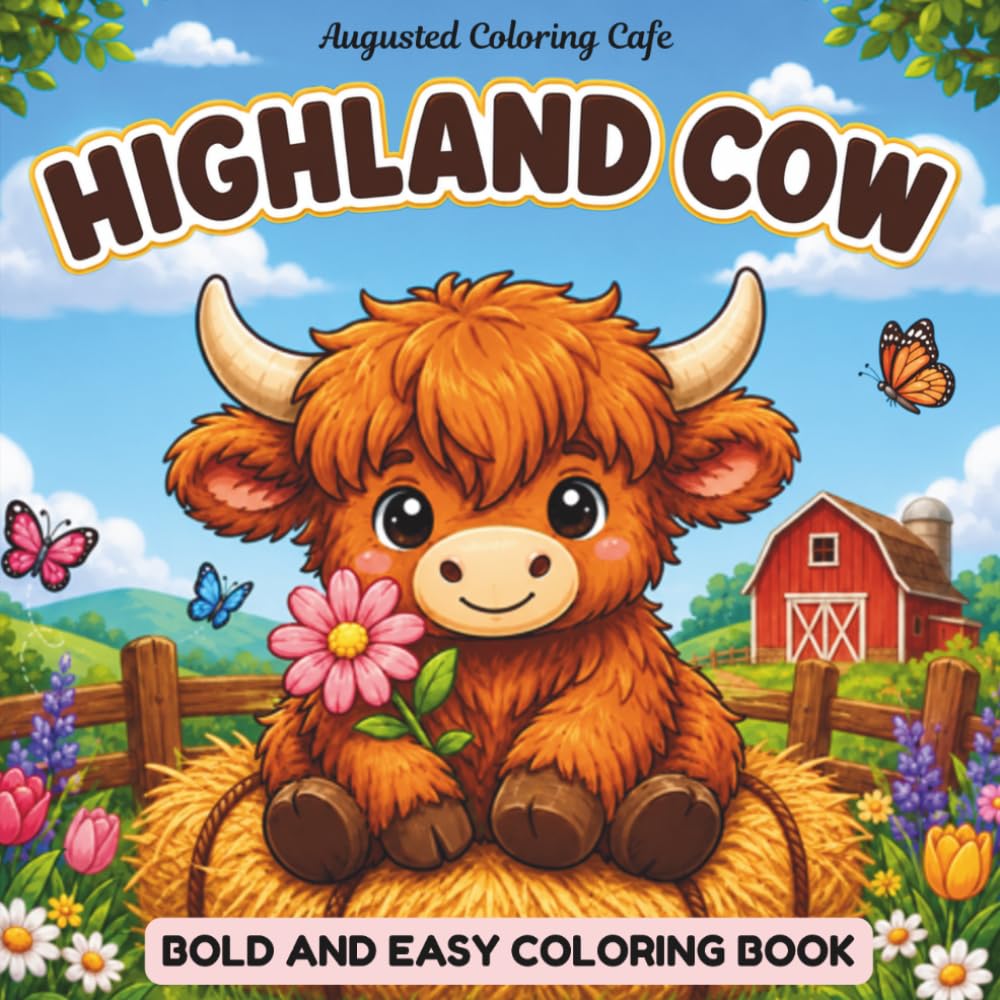 Highland Cow Bold & Easy Coloring Book: 50 Cute and Simple Highland Cow pages for kids ,Beginners & Relaxation