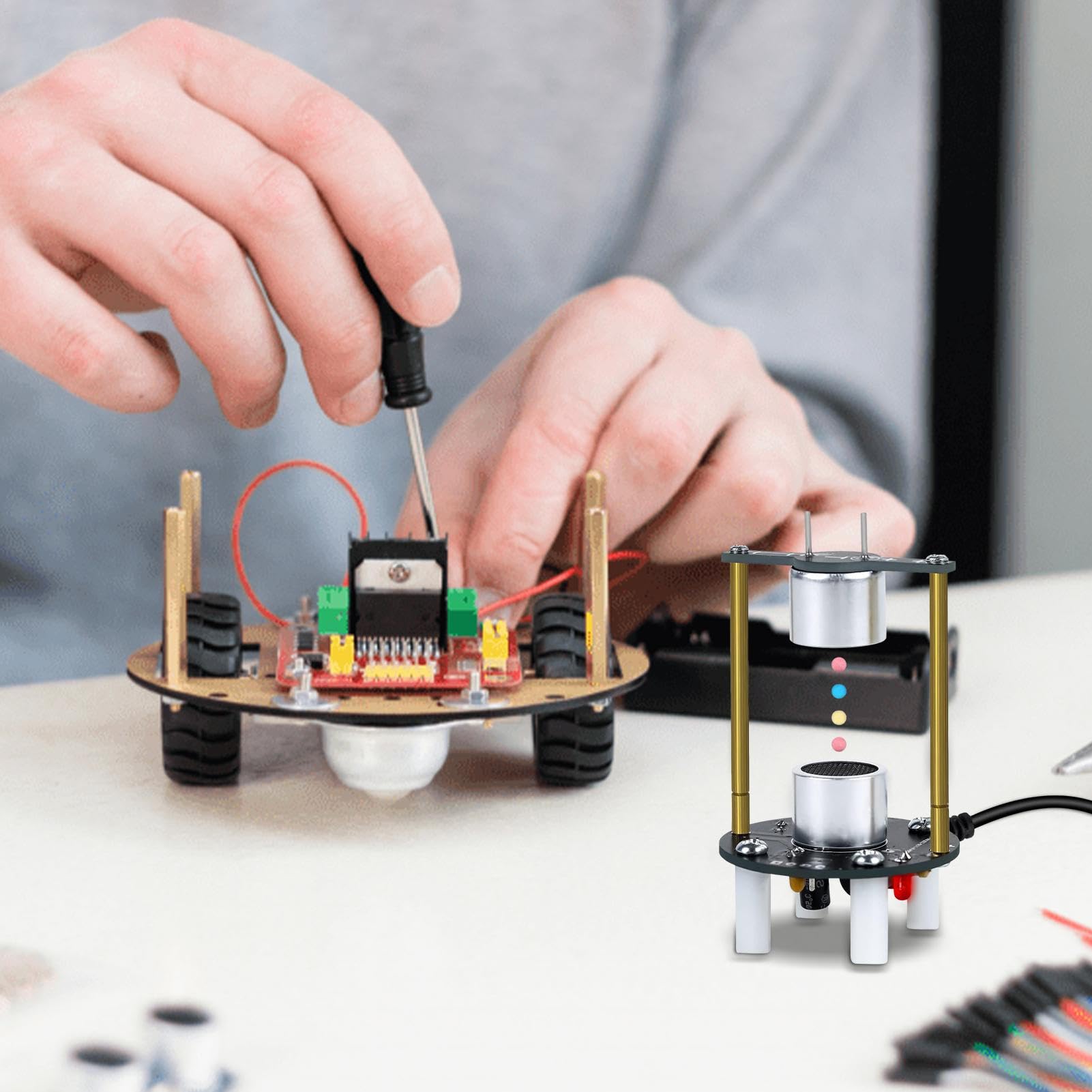 Juego de Bricolaje de levitador ultrasónico: Kit de ensamblaje de producción electrónica, Controlador de Onda estacionaria de transductor Que Incluye Perlas de Espuma y Conector de CC, Proyecto d
