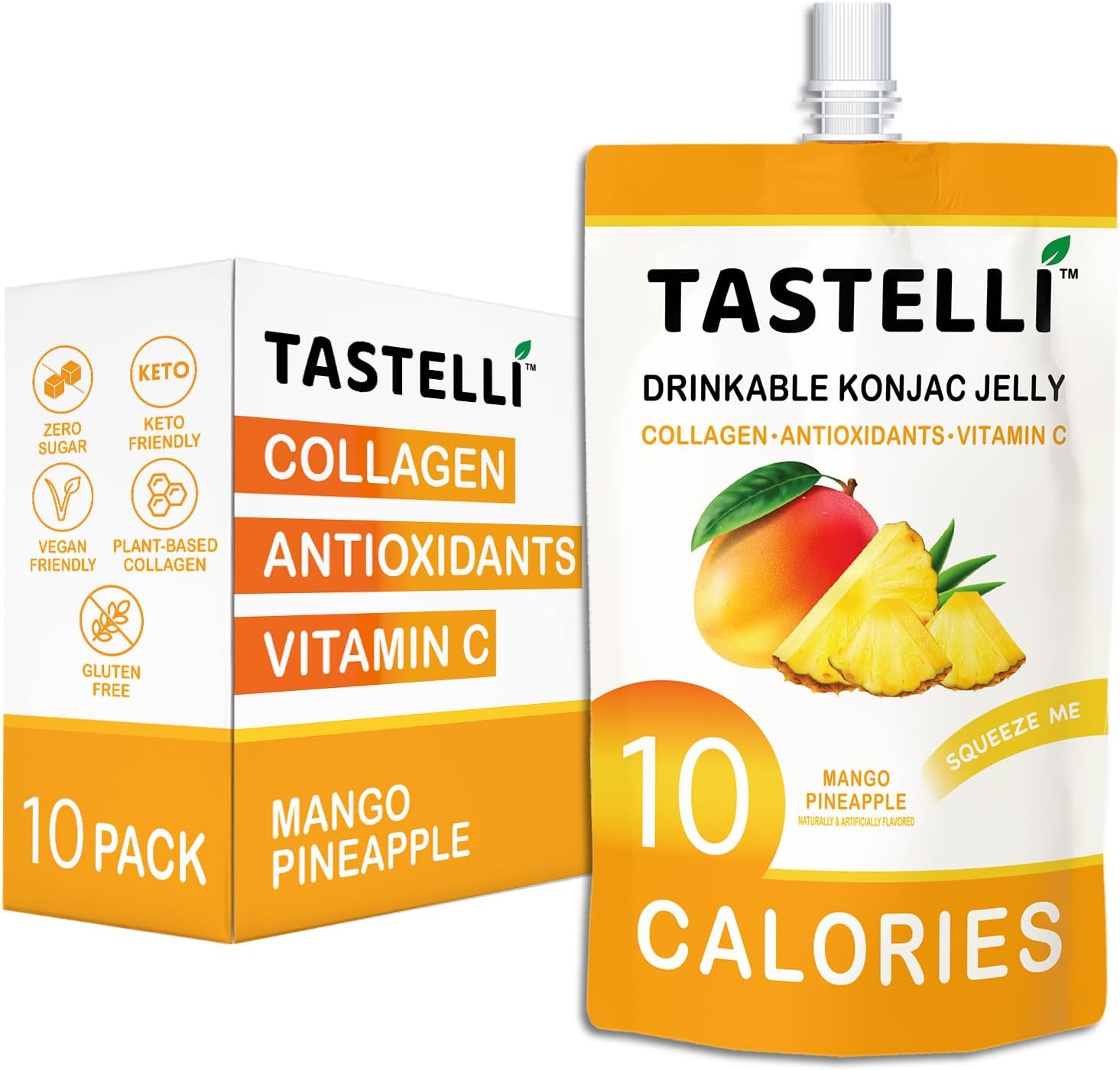 Tastelli Konjac Jelly Infused with Collagen & Vitamin C | Gluten Free, Sugar Free, Low Calorie | Vegan Drinkable Fruit Jelly Snack | Mango Pineapple | 150mL x 10 Pouches