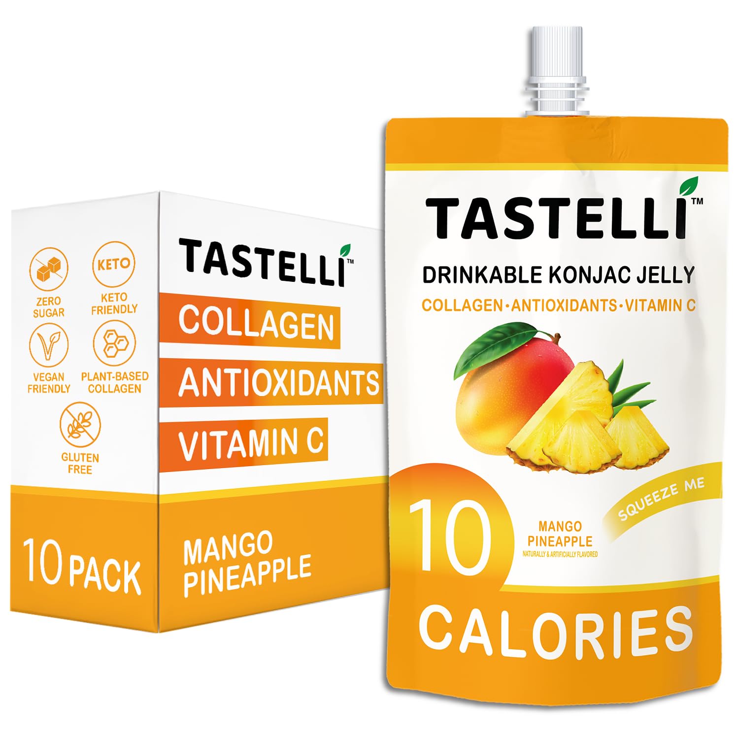 Tastelli Konjac Jelly Infused with Collagen & Vitamin C | Gluten Free, Sugar Free, Low Calorie | Vegan Drinkable Fruit Jelly Snack | Mango Pineapple | 150mL x 10 Pouches