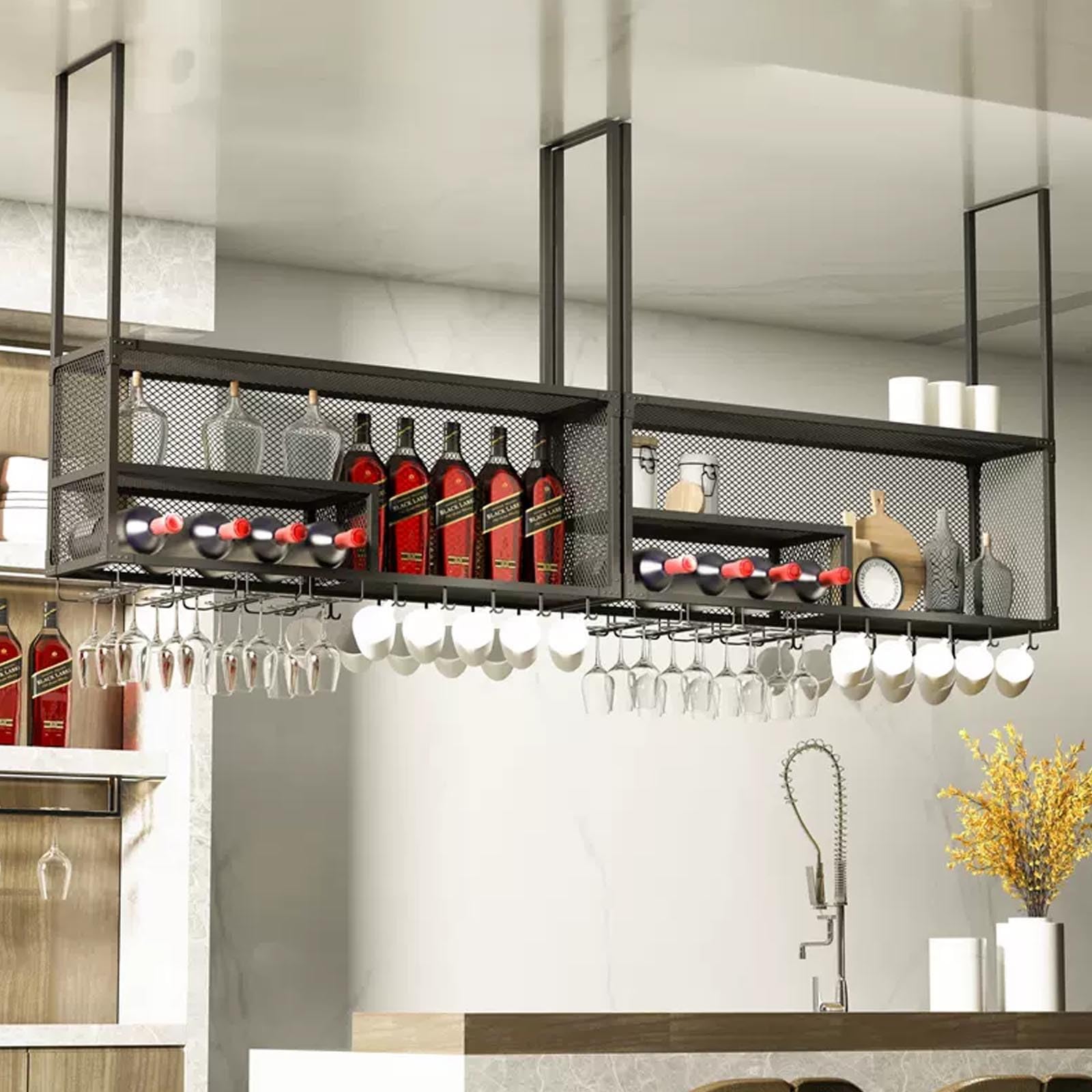 Botellero Colgante de Metal: Moderno Estante Flotante para Botellas y Copas de Vino, Ideal para exhibir en la Pared, Ideal para el hogar, Bares y cafeterías.