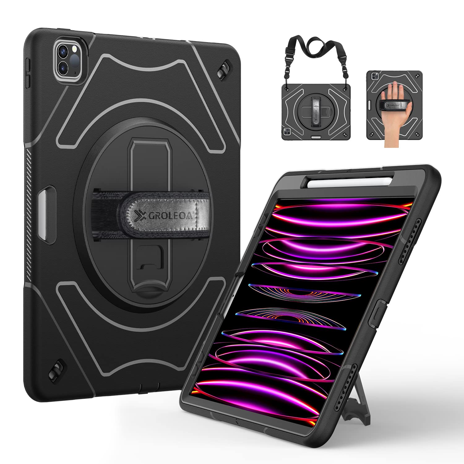 GROLEOA Case for iPad Pro 12.9 2021: Shockproof Full Body Military Protective Case for iPad Pro 12.9 5th Generation with Pencil Holder - 360° Rotating Stand - Wrist Strap - Shoulder Strap - Black
