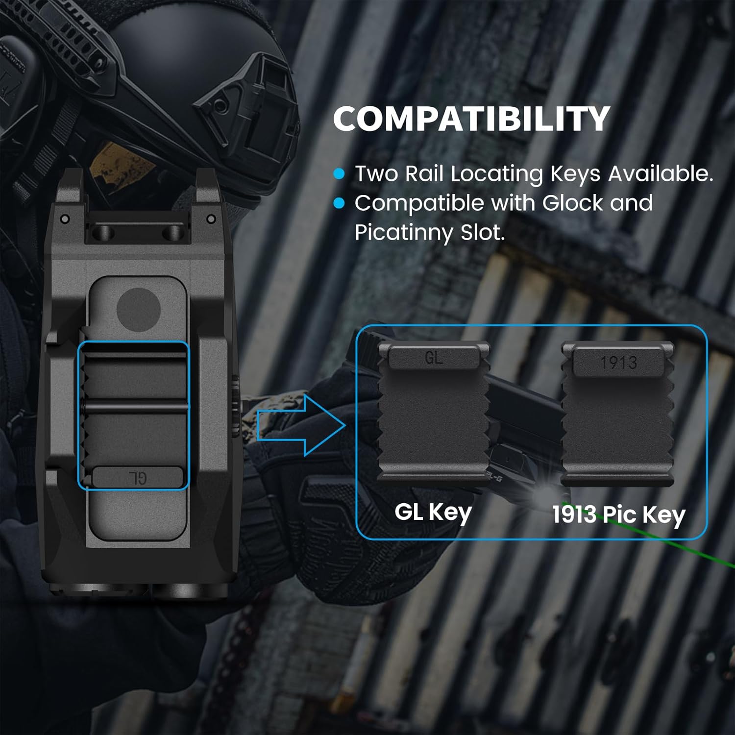 Diagram showing how to replace the rail key on the VOTATU G2L-G unit for GL or Picatinny compatibility.