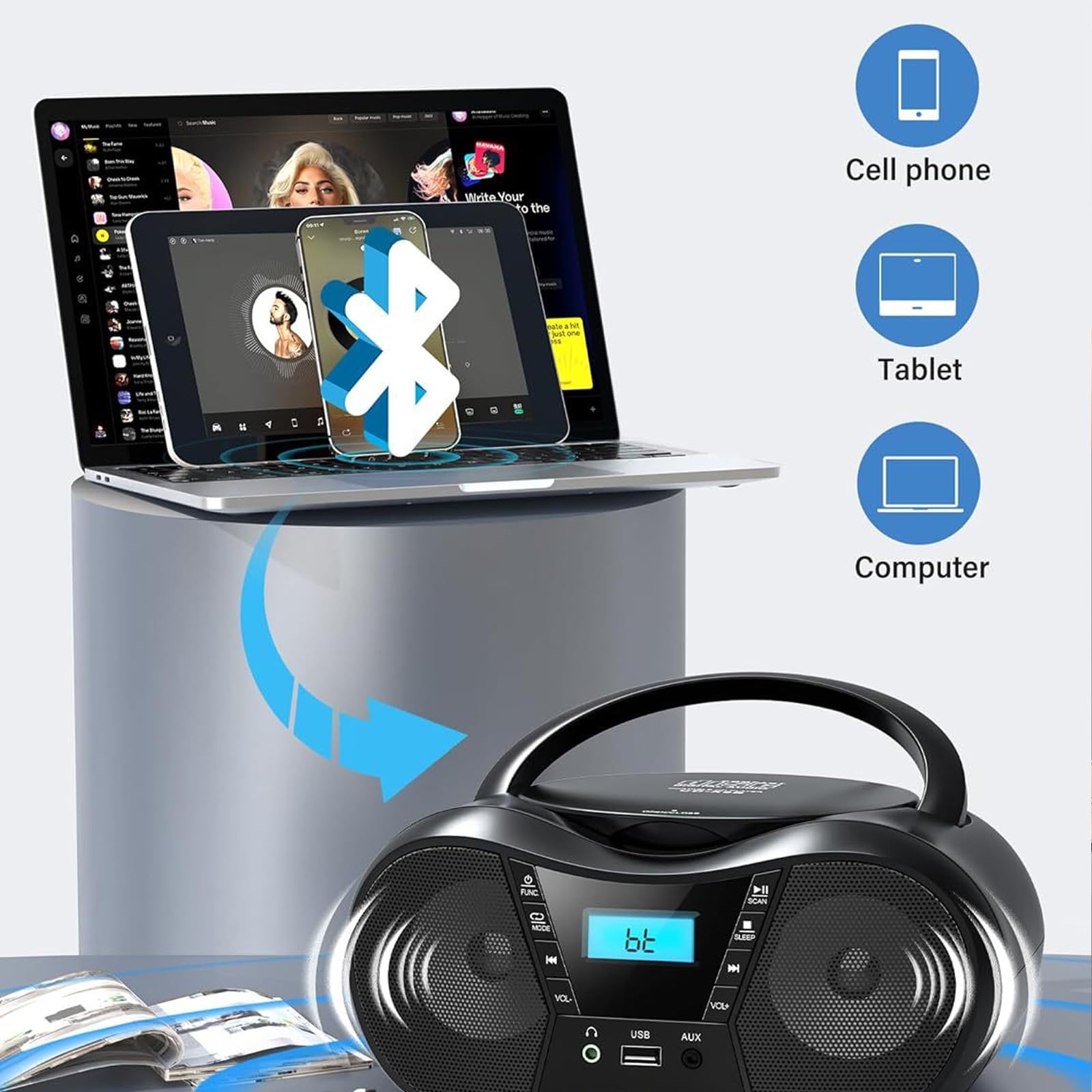 Reproductor de casetes Bluetooth CD Boombox Radio portátil, con asa, Altavoces estéreo duales, Compatible, admite AUX/USB/Auriculares.