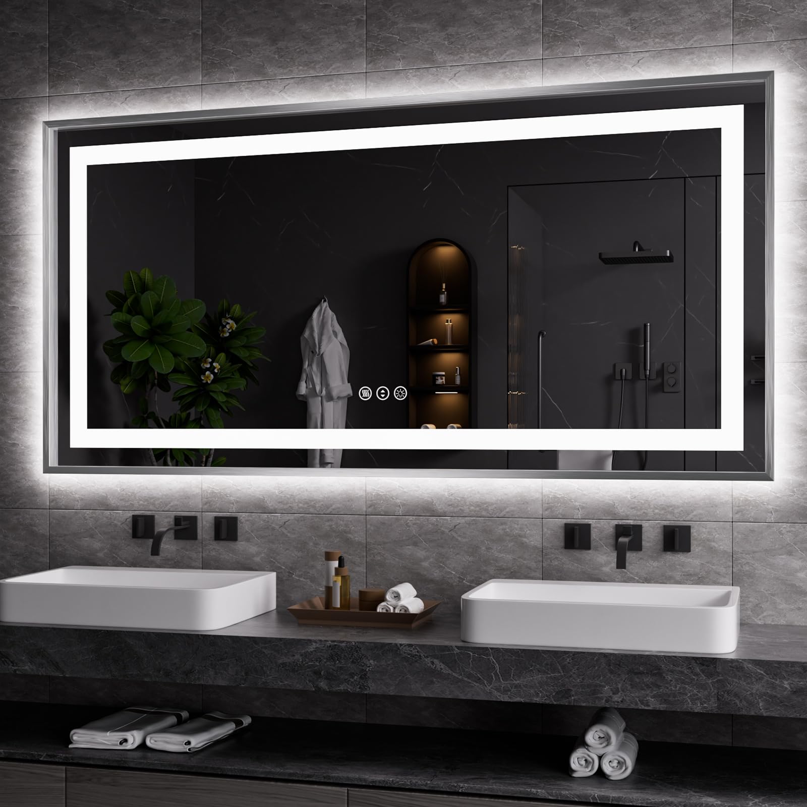 Amorho 60X30 LED Bathroom Mirror Brushed Nickel Framed Mirror with Front Light and Backlit Stepless Dimmable Anti-Fog Shatter-Proof